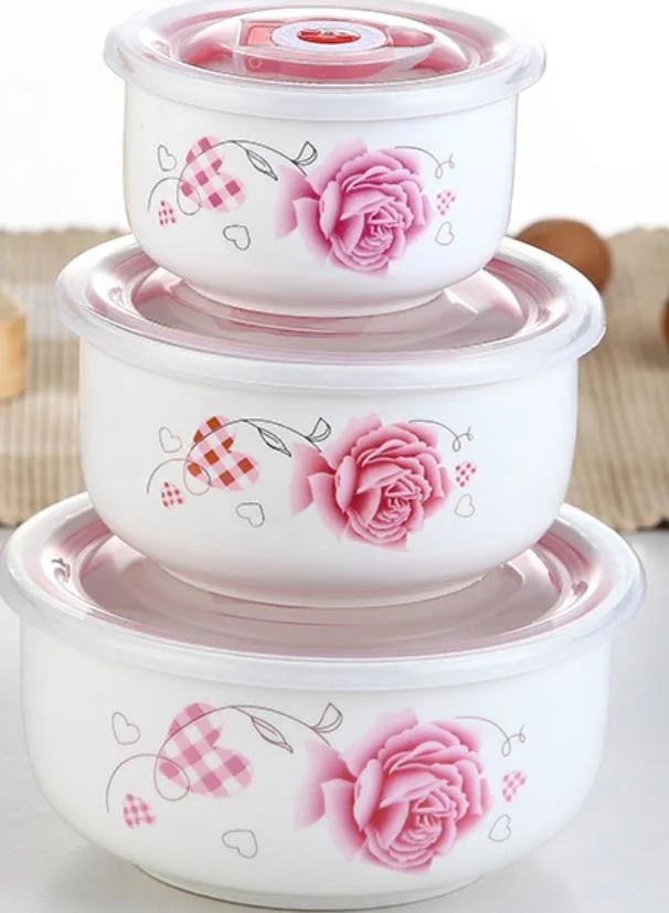 Popular Round 3PCS Porcelain Storage Bowl Set Ceramic Bowls Plastic Cover Printed Porcelain Porcelain Lunch Box Set Porcelain Dinner Plates Set