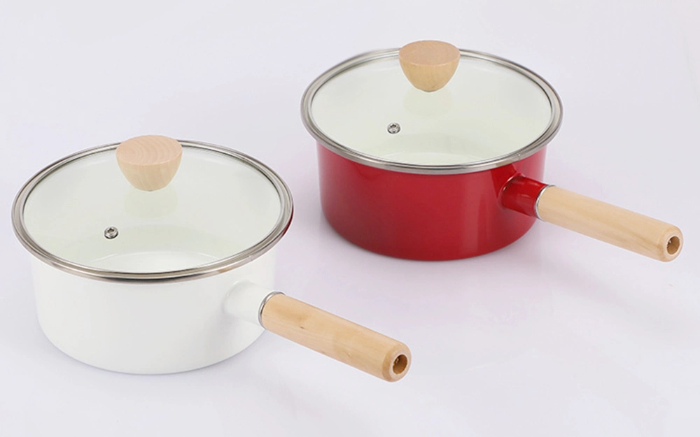 Metal Milk Pot White Enamel Carbon Steel Cookware Set with Wood Handle for Baby Use Sauce Pot