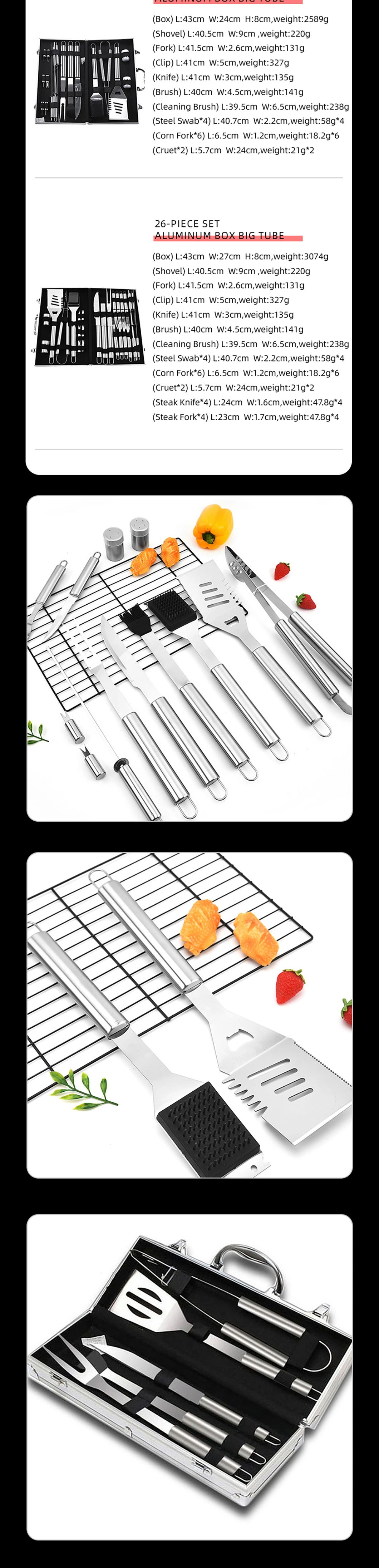 Factory Outlet 420 Stainless Steel Outdoor Camping Aluminum Box 3-Piece Set Shovel, Fork, Knife Sticker Grill Combination Set