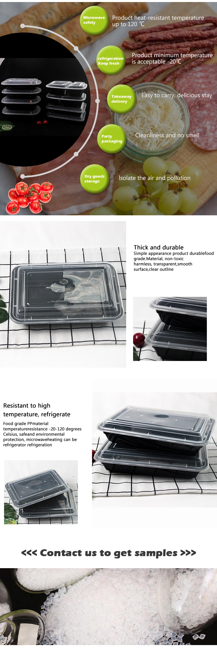 Custom Disposable Plastic Tableware 218mm Length PP Plastic Rectangle Black Box with Lid for Fast Food