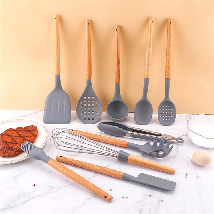 10 Piece Wood Handle Light Gray Silicone Kitchen Cooking Utensils