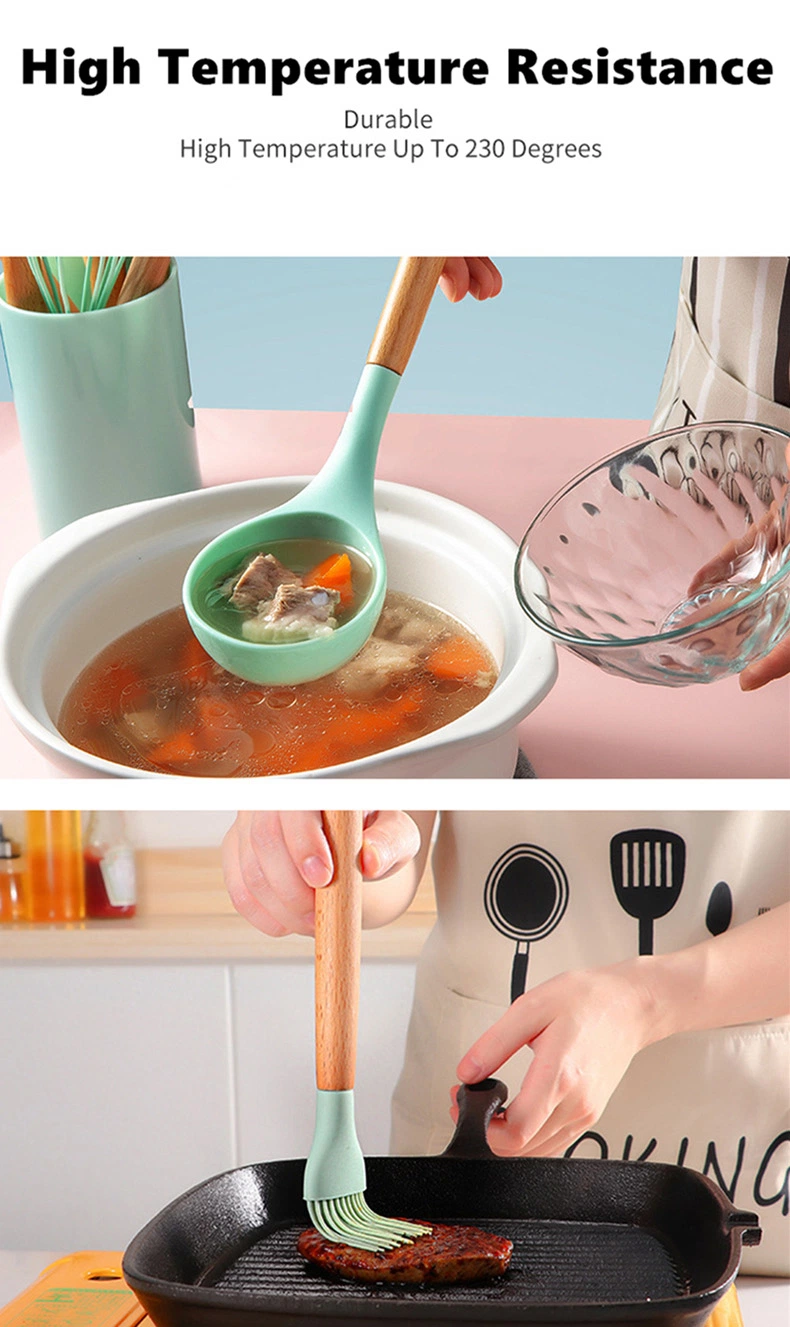 Food Grade High Quality Customized Wooden Handle Silicone Kitchen Tool 12 Pieces