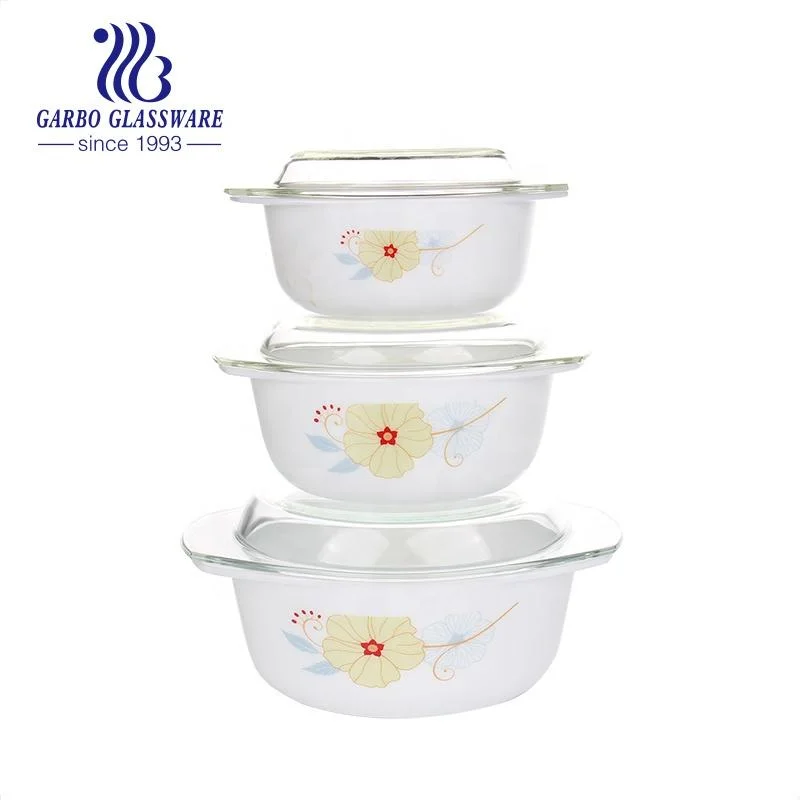 Custom Print Opal Glass Bowl Set with Decal Food Container Sets Lunch Box Glassware Salad Dinnerware with Plastic Lid