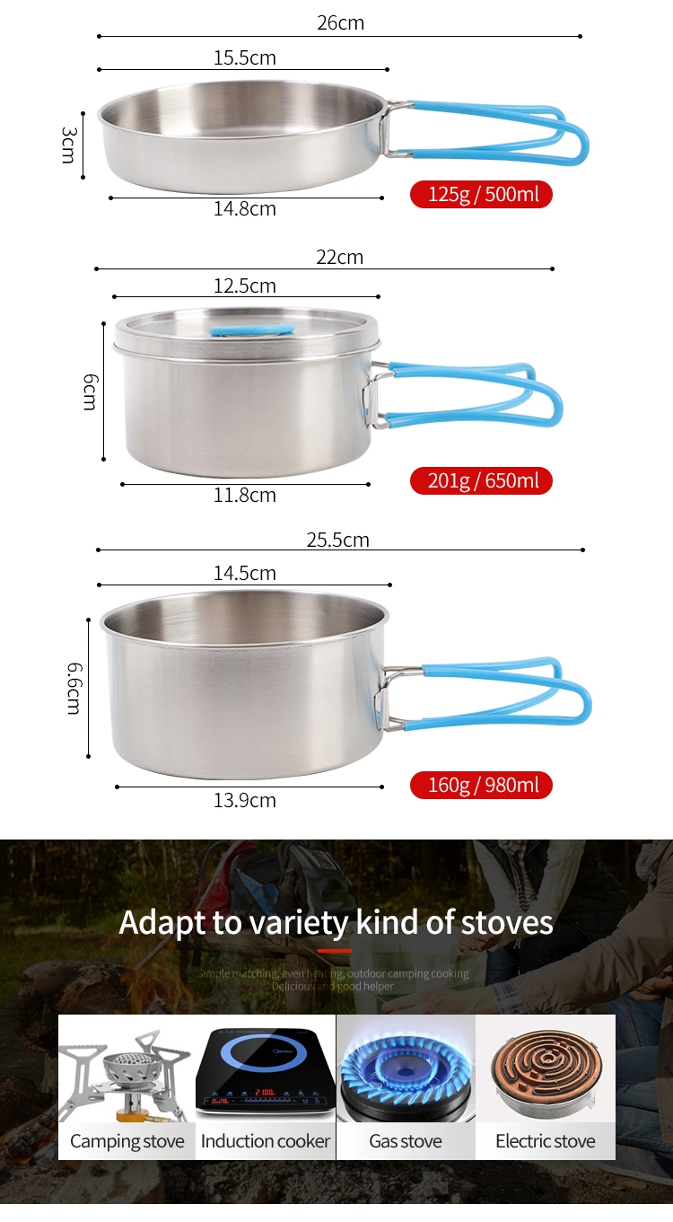 Outdoor Camping 4PCS Mess Kit Pot Set Kitchen Stainless Steel Cookware Set with Silicone Handles