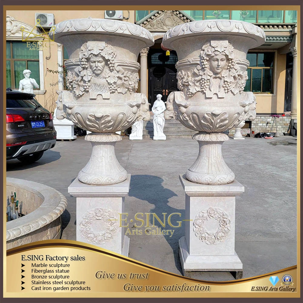 Manufacture Supply Hand Carve Outdoor Art Yellow Marble Flower Pot