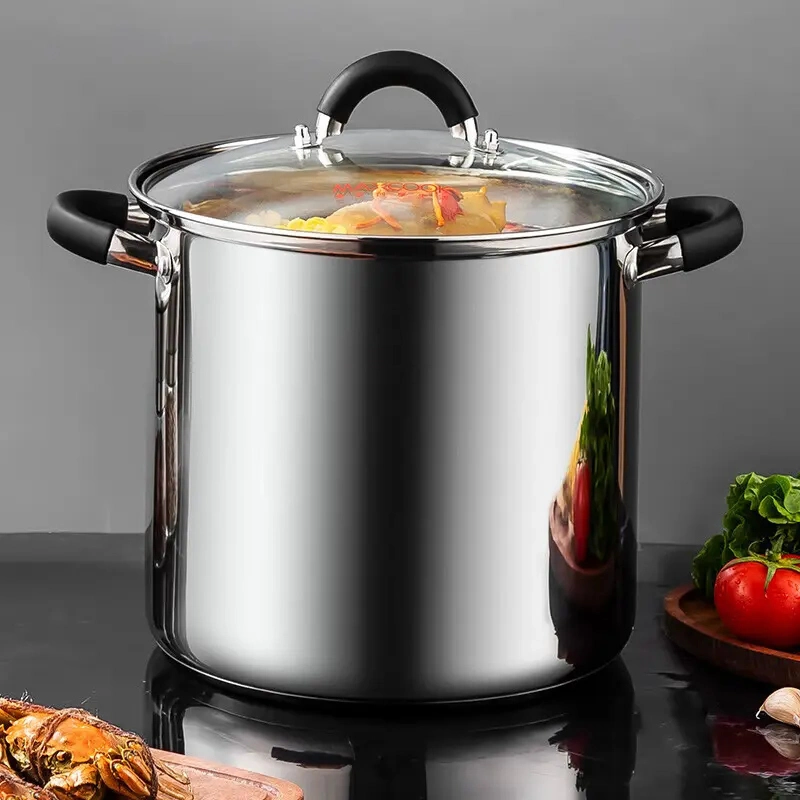 26cm Stainless Steel Stockpot Kitchen Cookware with Two Ear Silicone Handle