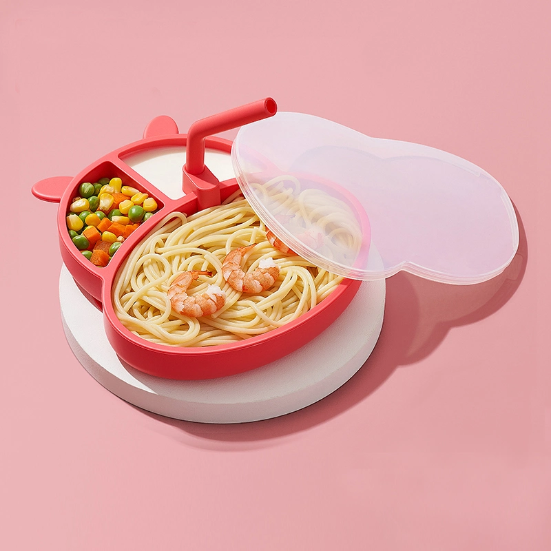Baby Dinner Plate Sucker One-Piece Partition Plate Baby Silicone Straw Bowl Eating Training Spoon Children&prime; S Tableware Set