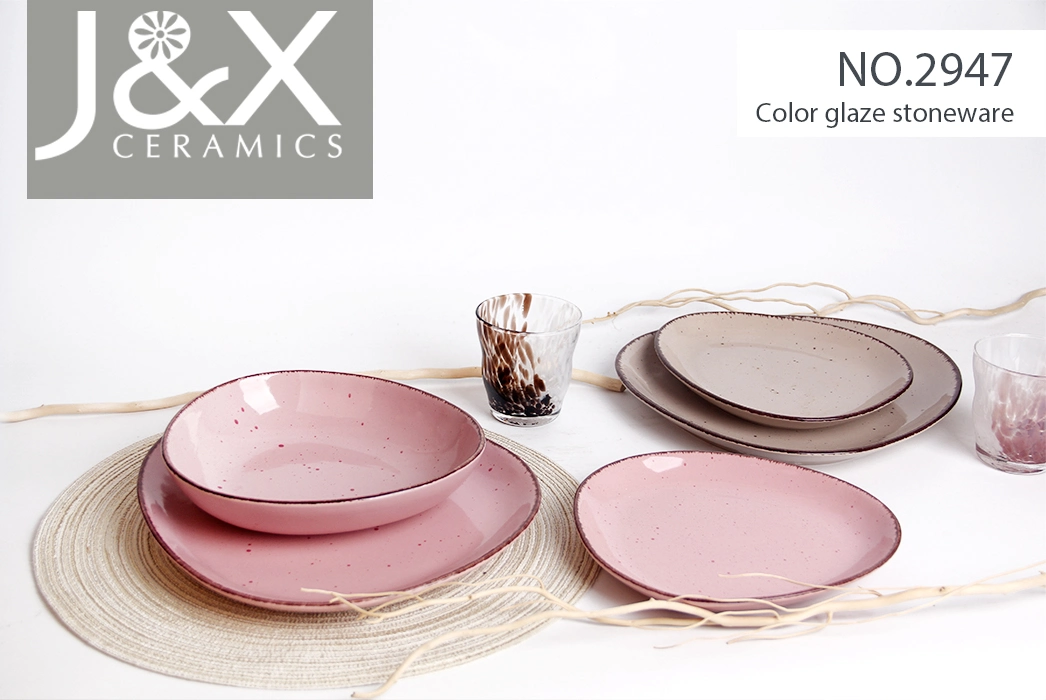 16 PCS Crockery Rustic Stone Dinner Dining Pink Dinner Plates Sets Dinnerware Luxury Ceramic Stoneware Dinnerware Sets