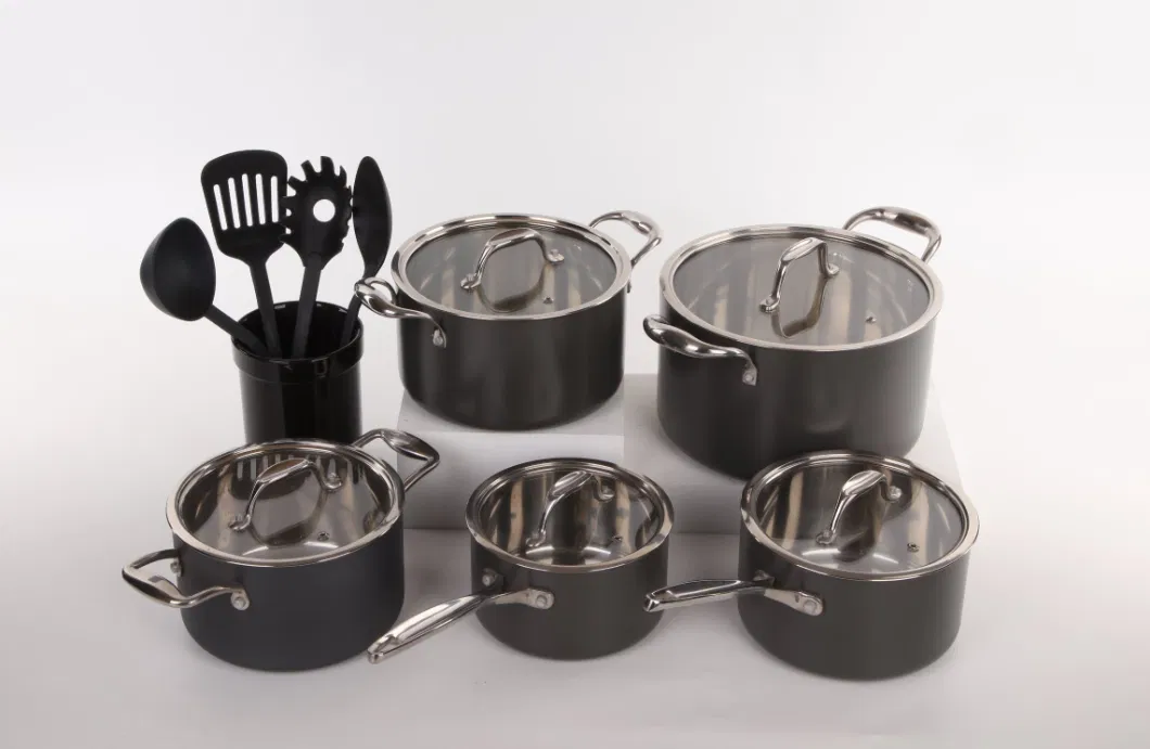 15PCS Hard Anodized Cookware Set 4PCS FDA Grade Nylon Tools