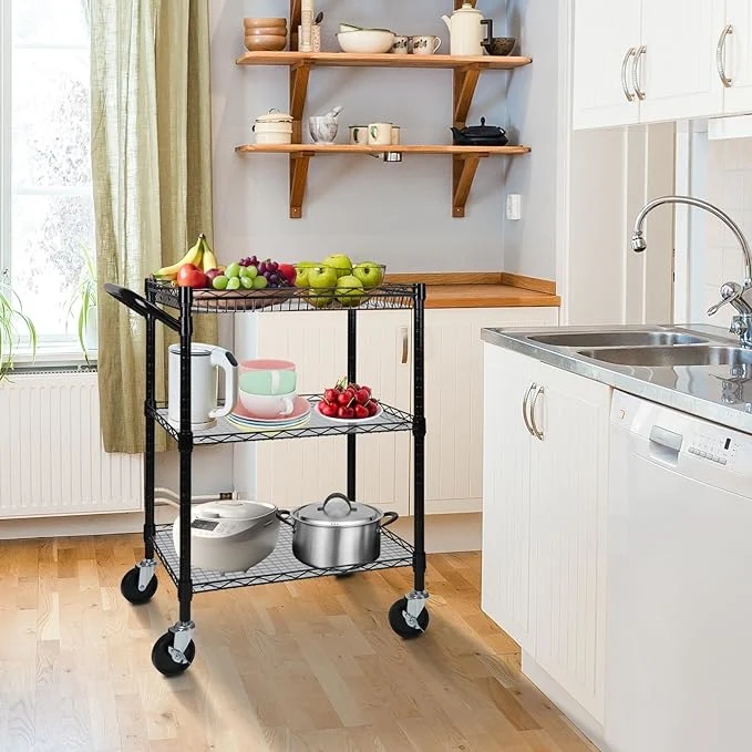 Metal Shelves Chrome Black Wire Shelving Trolley Storage Cart