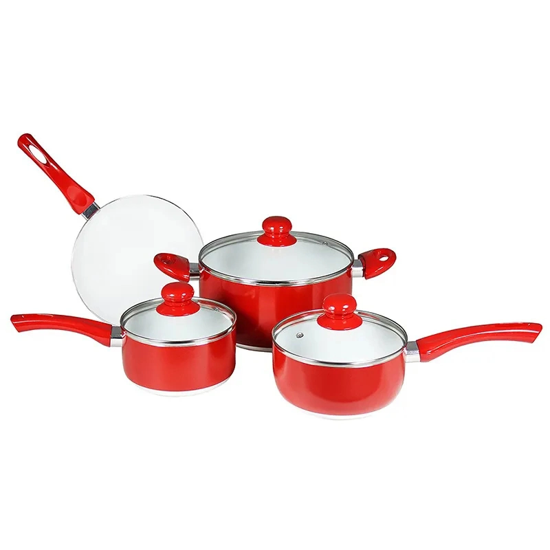 8PCS Aluminum Ceramic Cookware Set with Glass Lid Hot Selling Kitchen Tools Basic Saucier Casserole Pan Set Cooking Pots Red