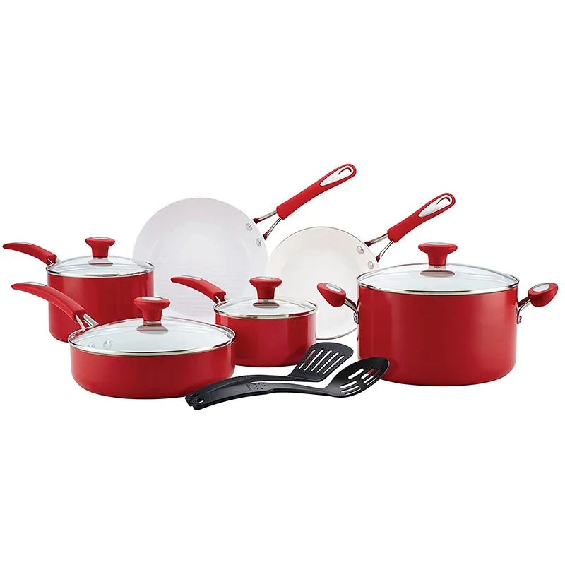 8PCS Aluminum Ceramic Cookware Set with Glass Lid Hot Selling Kitchen Tools Basic Saucier Casserole Pan Set Cooking Pots Red