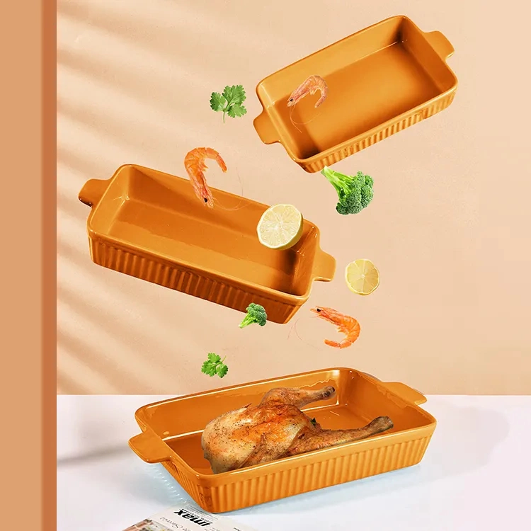 Rectangular Shape Ceramic Bakeware Set Kitchen Microwave Oven Safe Stoneware Baking Dish with Double Handles