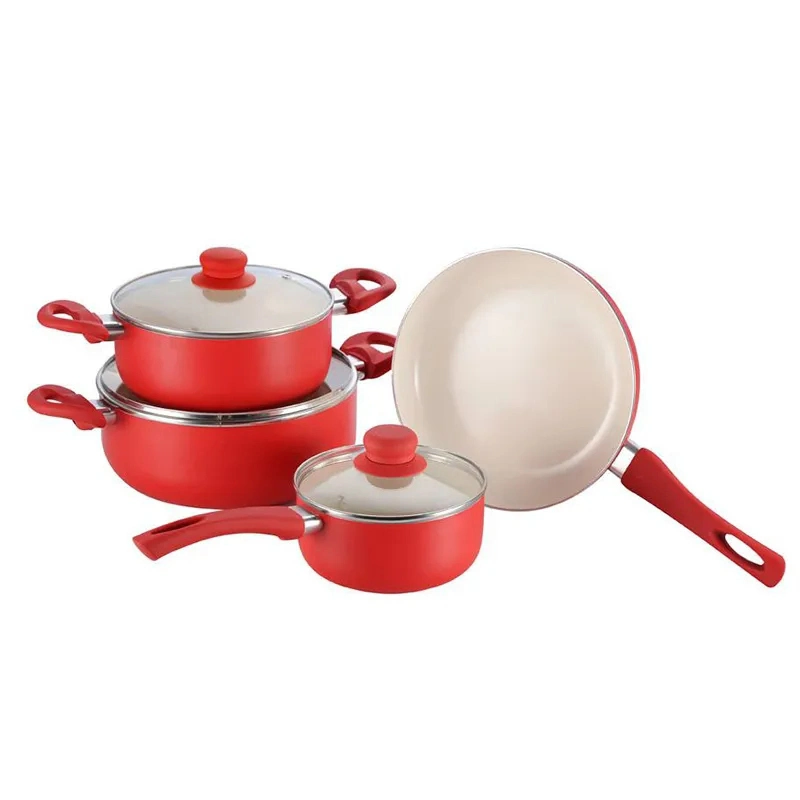 8PCS Aluminum Ceramic Cookware Set with Glass Lid Hot Selling Kitchen Tools Basic Saucier Casserole Pan Set Cooking Pots Red