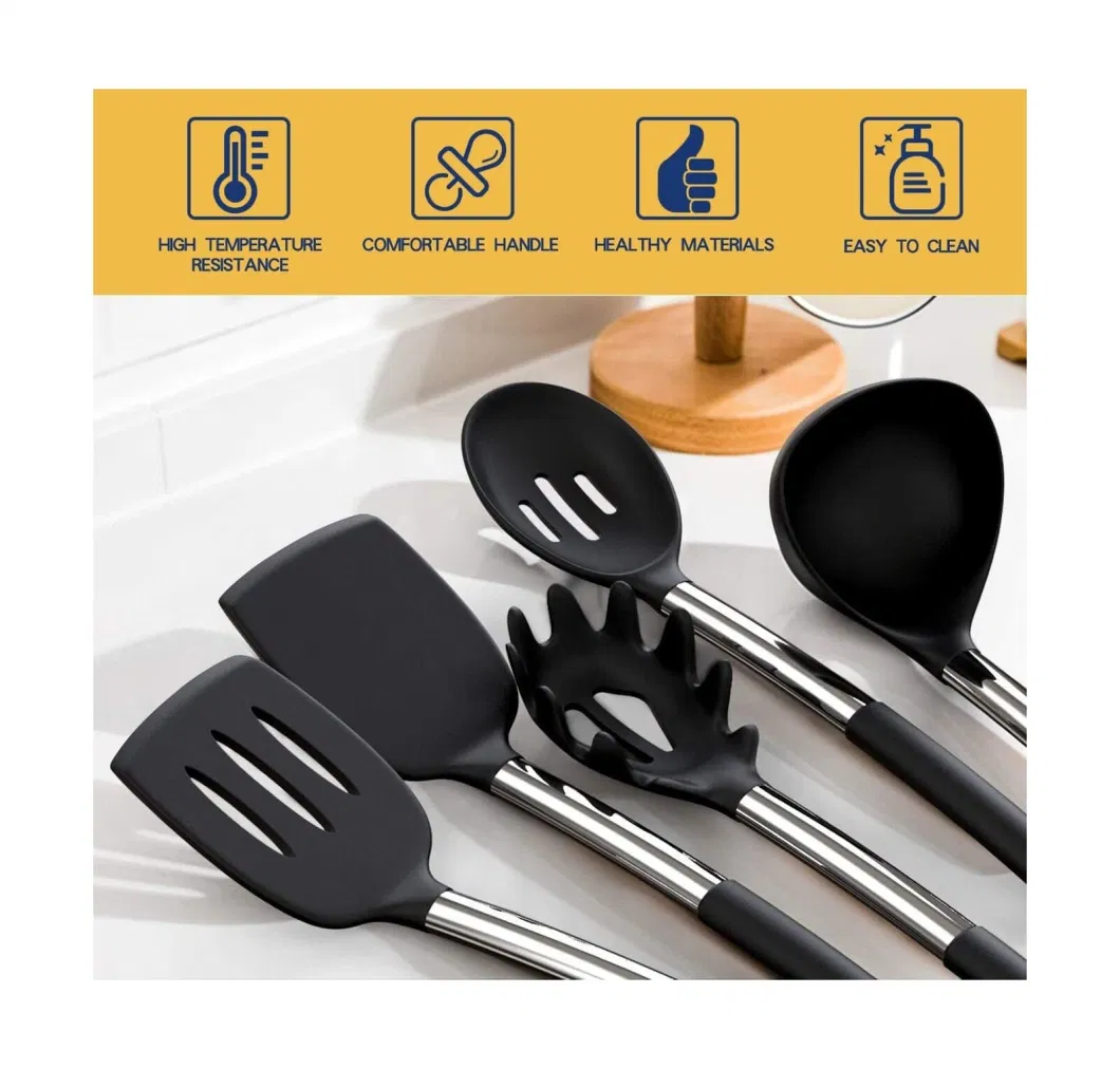 Heat Resistant Kitchen Accessories Cooking Utensil Kitchenware Non Stick Food Grade Handle Silicone Kitchen Utensils Set