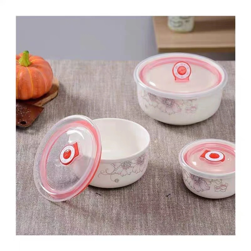 Wholesale Grey Round Shape Porcelain Pet Bowl Ceramic 3 PCS Bowl Set with Air-Tight Lid Stoneware 3PCS Tableware Set High Quality 930ml/540ml/290ml Dinnerware