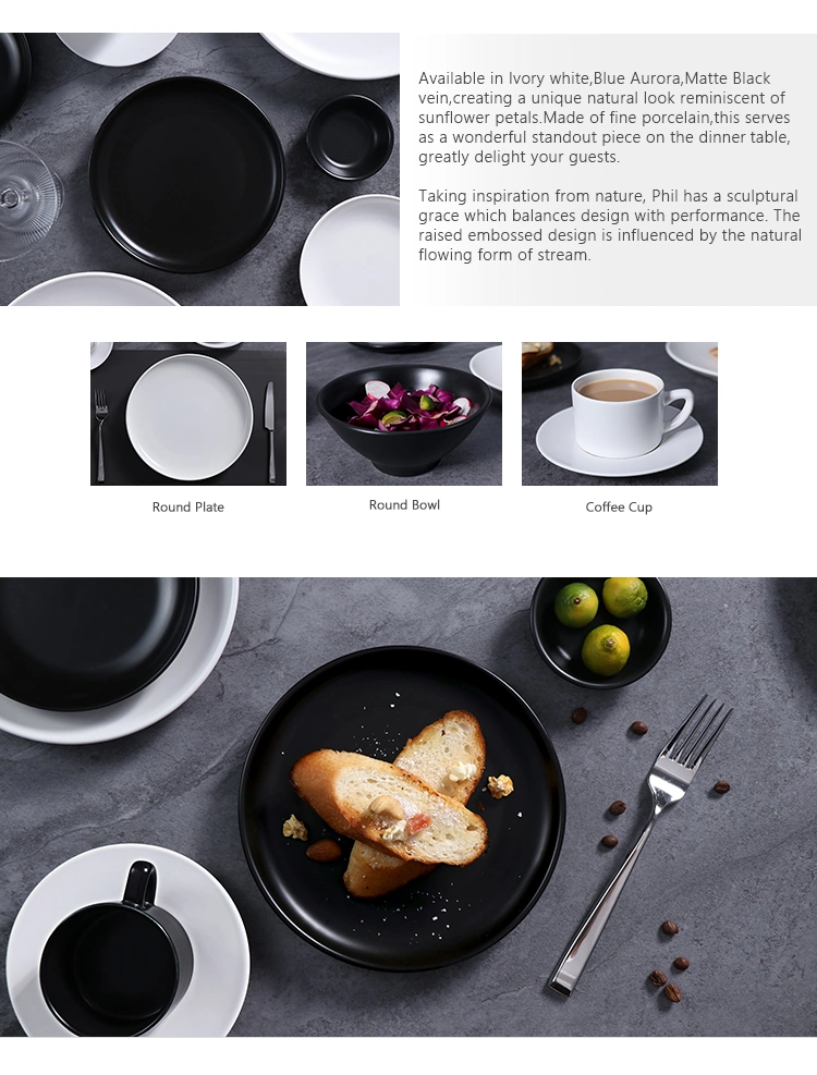 Matt Black White Crockery Plates Stoneware Customized Logo Dinnerware