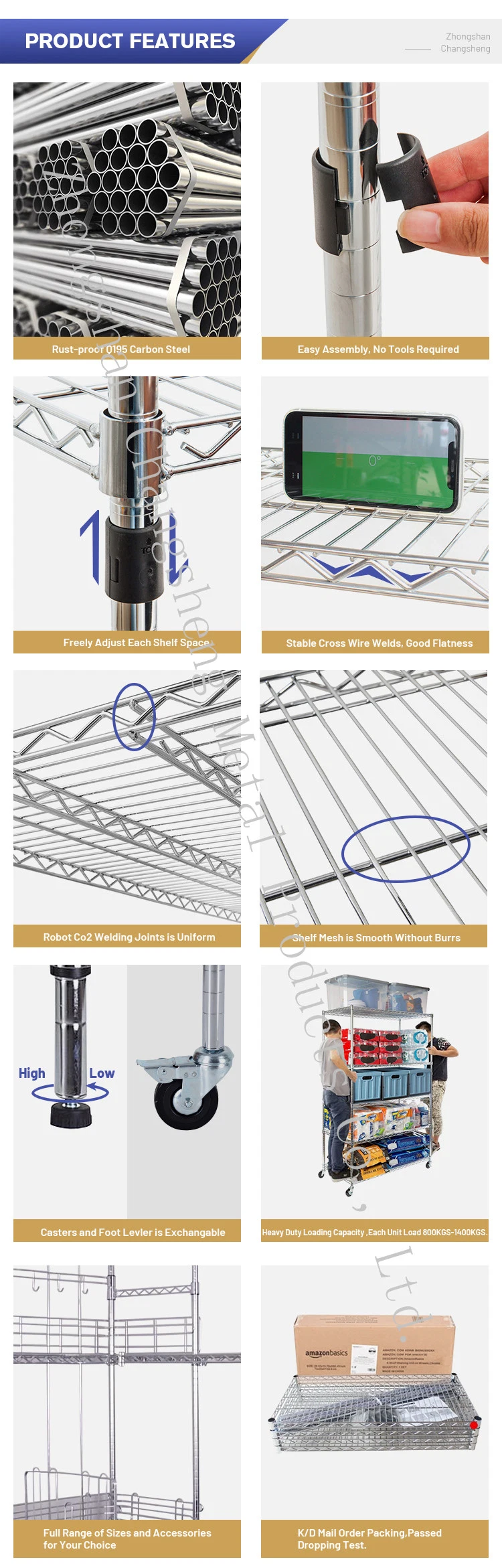 NSF Certificate Commercial Kitchen Storage Metal Wire Racks and Shelves