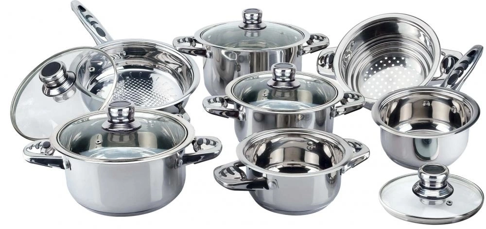 Kitchen 12PCS Wide Rim Stainless Steel Cookware Set with Accessories Seleted, Cooking Pots with Steel Lid, Kitchenware with Casseroles and Non Stick Fry Pans