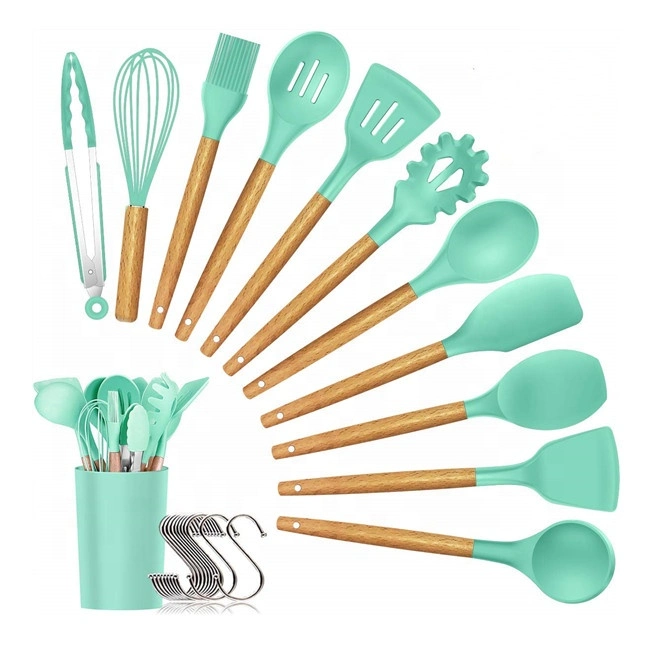 Silicon Cutlery Set, Heat Resistant, High Temperature Silicon Kitchen Tool with Wooden Handles Kitchen Accessory