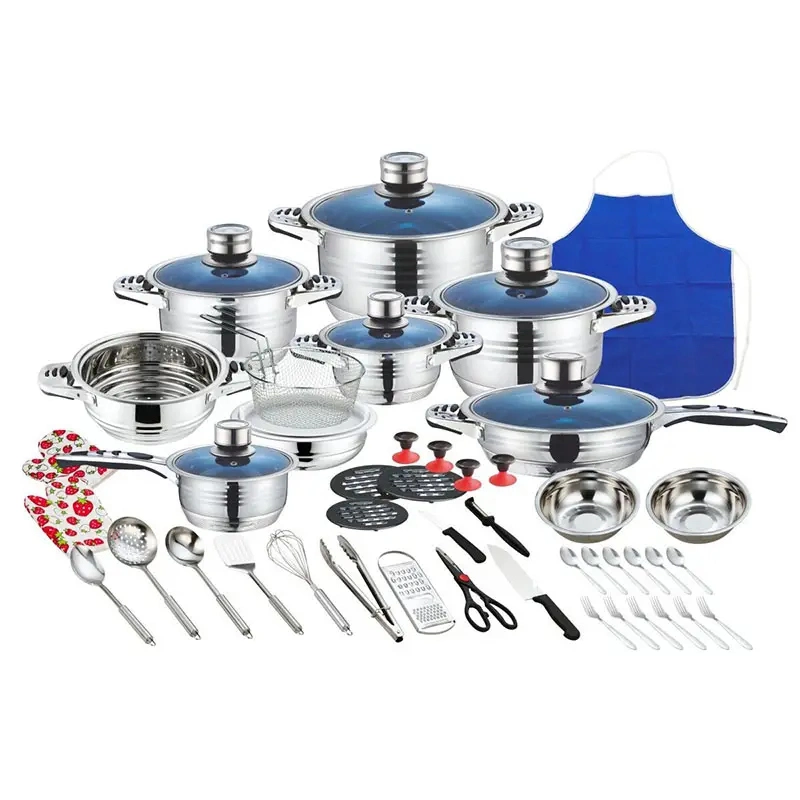 50PCS Stainless Steel Casserole Fry Pan Pots Manufacturer Kitchen Cooking Pot Saucepan Cookware Set with Blue Glass Lid for African &amp; South American Market