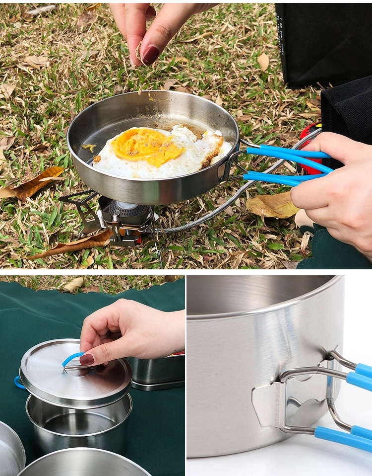 Outdoor Camping 4PCS Mess Kit Pot Set Kitchen Stainless Steel Cookware Set with Silicone Handles