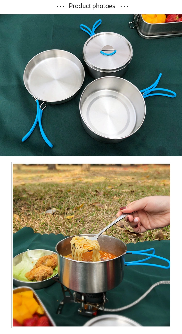 Outdoor Camping 4PCS Mess Kit Pot Set Kitchen Stainless Steel Cookware Set with Silicone Handles