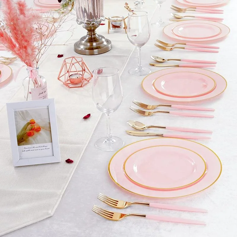 Tableware Set Wedding Plate and Cutlery Pink Plastic Gold Rim Dishes Plate Sets Dinnerware Set with Cutlery