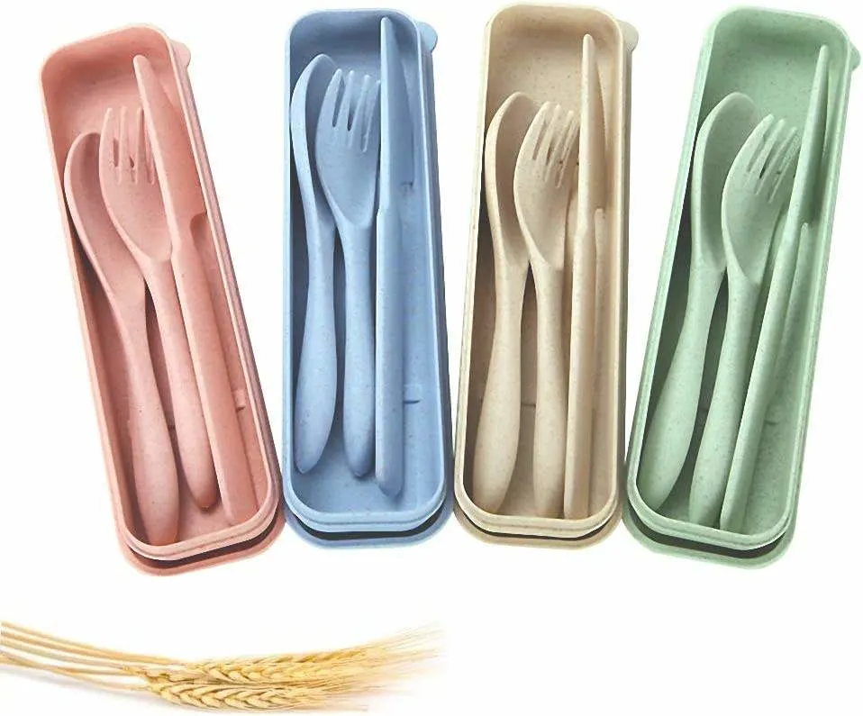 4 PCS Portable Wheat Straw Cutlery Spoon Knife Fork Tableware Set for Kids Adult Travel Picnic Camping