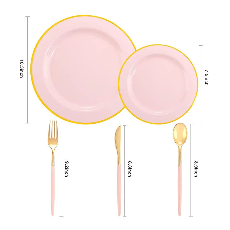 Tableware Set Wedding Plate and Cutlery Pink Plastic Gold Rim Dishes Plate Sets Dinnerware Set with Cutlery