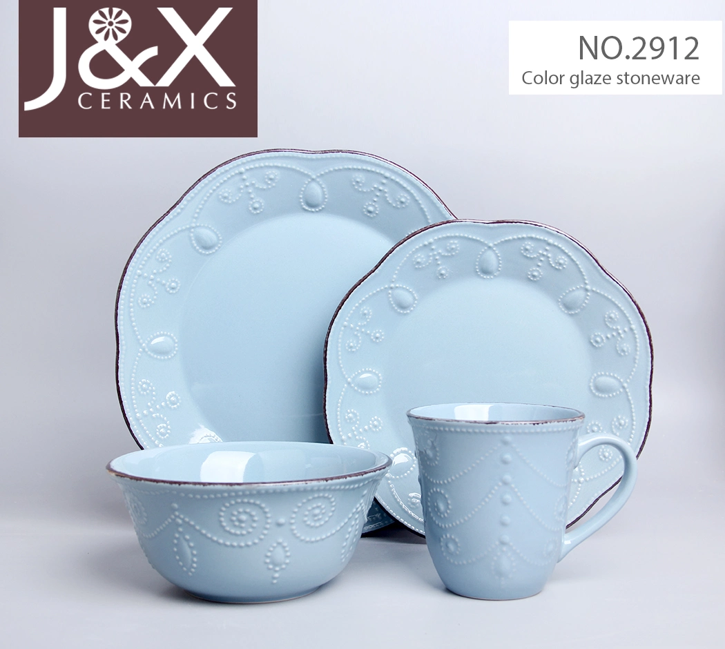 Embossed Bead Color Glaze Stoneware Ceramic China Tableware Dinnerware 16PCS Dinner Set