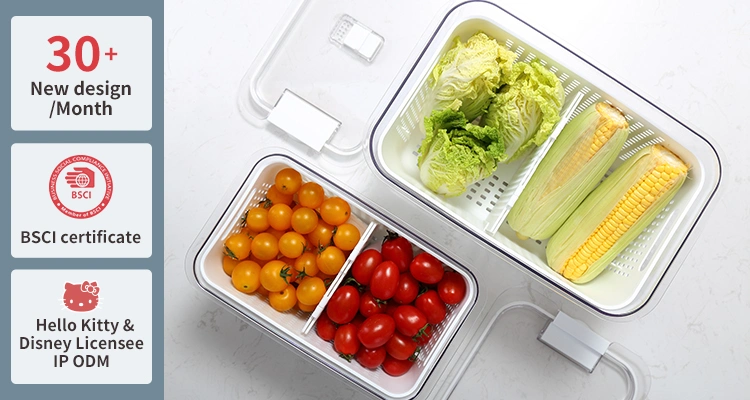 Fridge Storage Bin Produce Saver Stackable Refrigerator Food Organizer Container with Removable Drain Tray