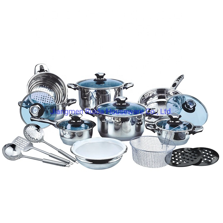 7 Steps 22PCS Stainless Steel Cookware Set Blue Glass Lid &amp; 3PCS Kitchen Tools