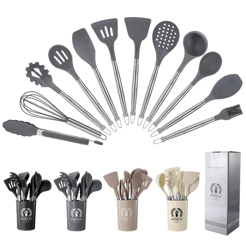 Wholesale Cheap 12PCS Cookware Non Stick Silicone Black Kitchen Utensils Set with Stainless Steel Handle