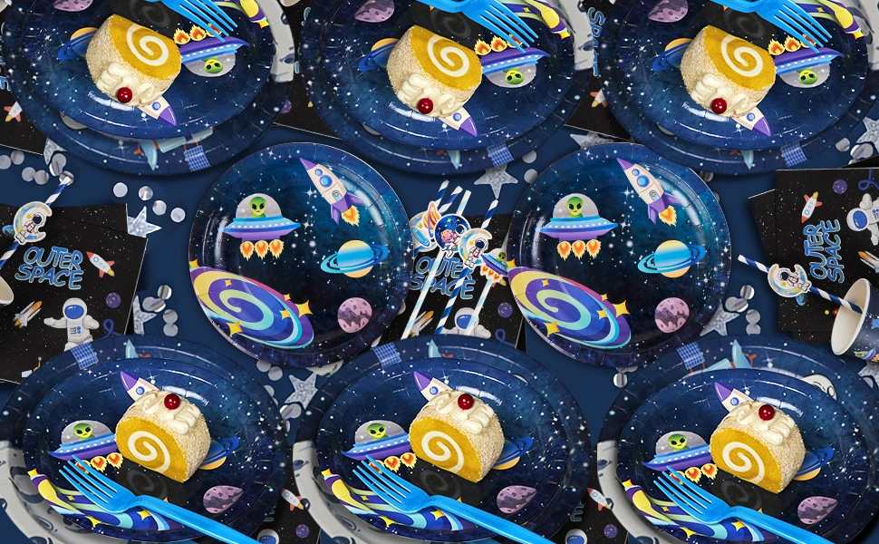 Space Theme Birthday Party Supplies Paper Plates Napkins Forks Disposable Tableware Set
