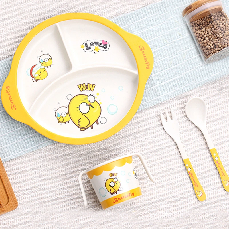 Bamboo Fiber Children&prime;s Tableware Set Baby Food Supplement Plate Cartoon Baby Divided Rice Bowl Anti-Fall Fork Spoon