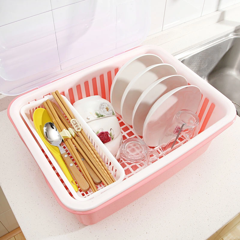 Creative Plastic Drying Rack Dish Draining Organizer with Dustproof Cover for Kitchen Use