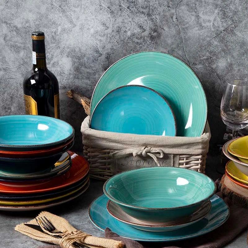 Best Seller 12/18PCS Ceramic Crockery Tableware Colorful Blue Spinwash Handpainted Dinnerware Sets