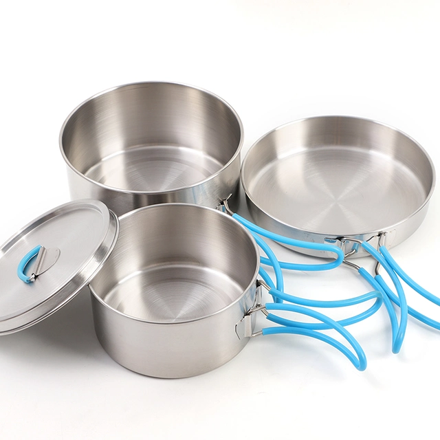 Outdoor Camping 4PCS Mess Kit Pot Set Kitchen Stainless Steel Cookware Set with Silicone Handles