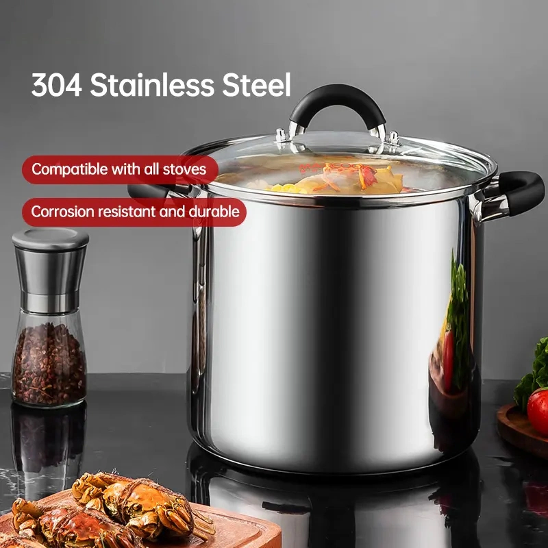 26cm Stainless Steel Stockpot Kitchen Cookware with Two Ear Silicone Handle