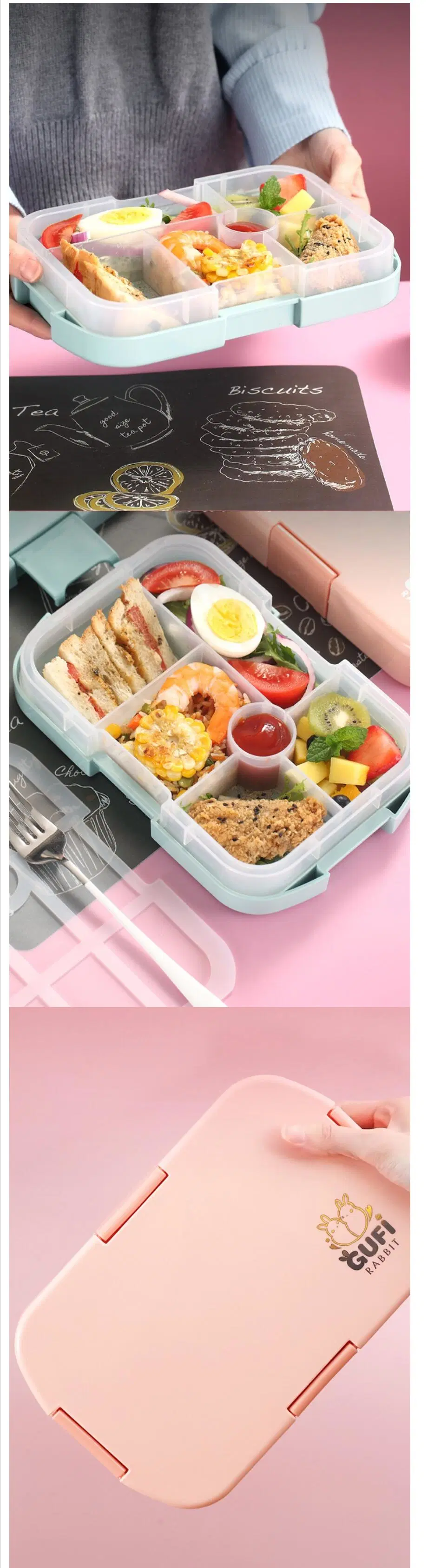 Wholesale 6-Compartment Bento Lunch Box Portable Leak-Proof Plastic School Children Dinnerware Sets Square Shape All-Season Eat