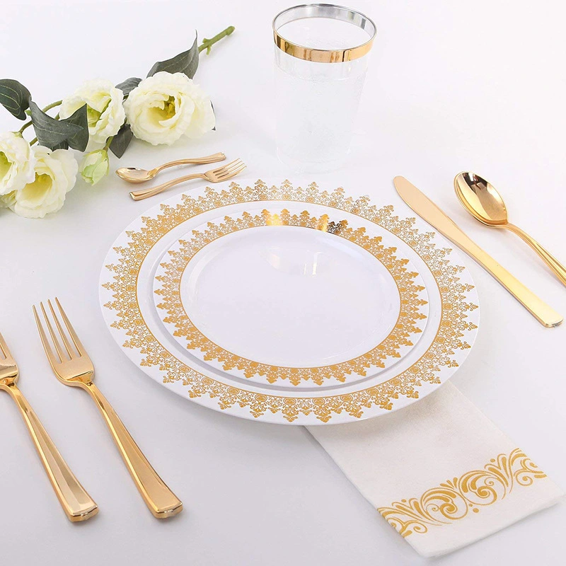 Elegant Premium Heavy Duty Disposable Plastic Gold Rose Silver Rim Dinnerware Tableware Dinner Sets for Party Wedding Birthdays