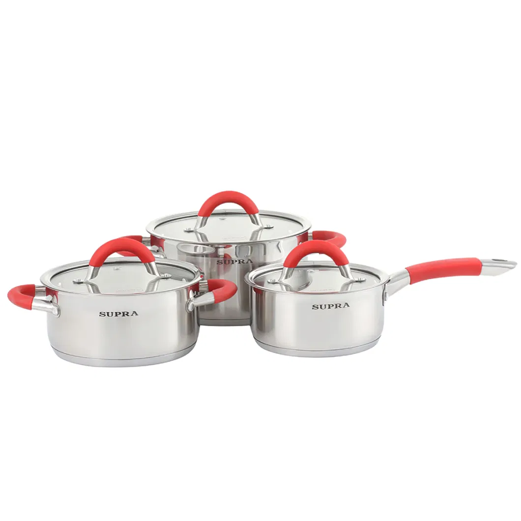 6PCS Stainless Steel Cookware Set - silicon Grip Kitchen Soup Pot and Non Stick Fry Pans Included, with Flat Glass Lid, Induction Compatible