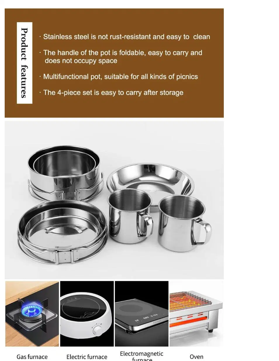 Wholesale OEM ODM Portable Camping Outdoors Stainless Steel Collapsible Tableware Cookware Set