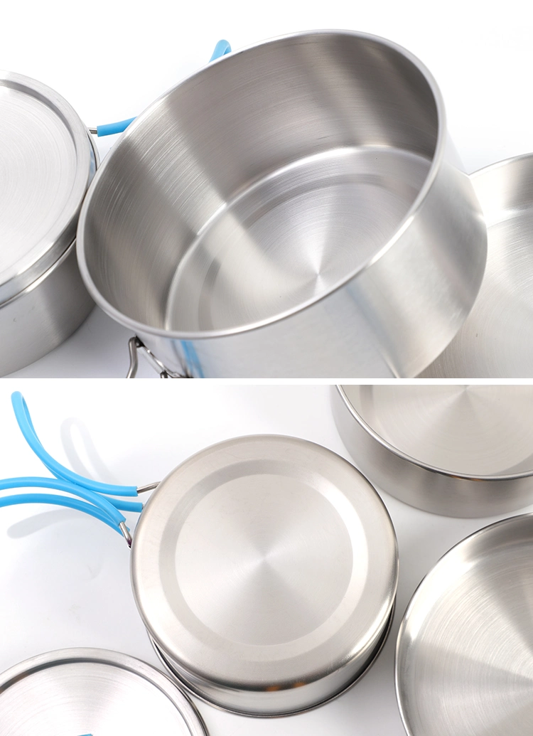 Outdoor Camping 4PCS Mess Kit Pot Set Kitchen Stainless Steel Cookware Set with Silicone Handles