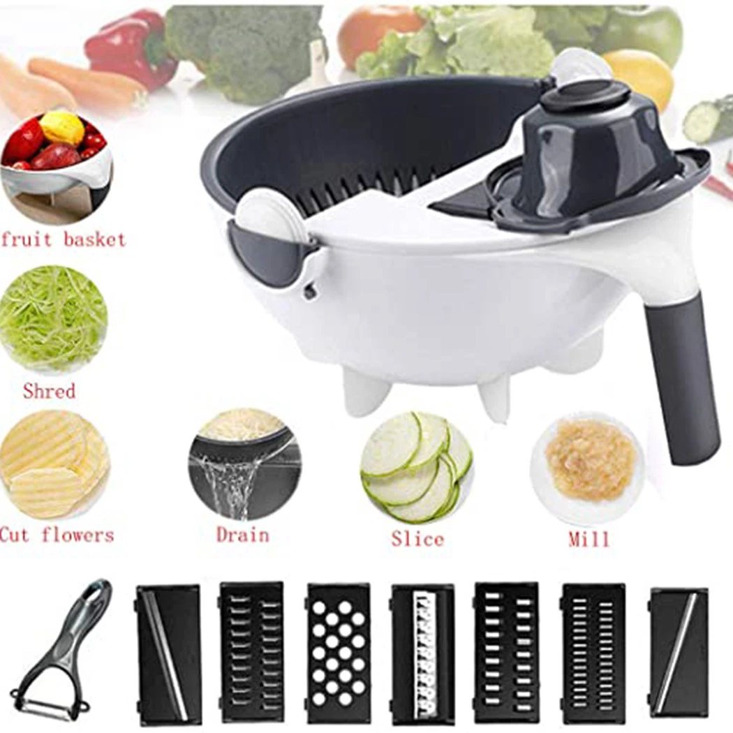 Rotate Vegetable Cutter Portable Slicer Chopper Grater Kitchen Tool 9 in 1 Multifunction Vegetable Cutter with Drain Basket Magic Bl11971