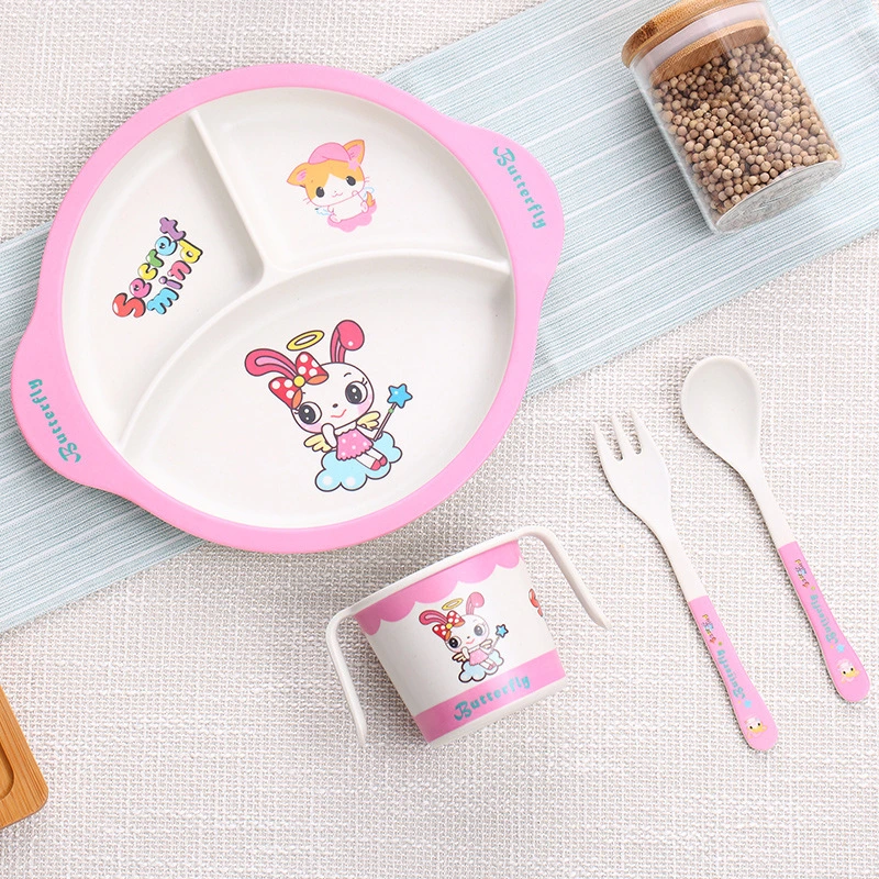 Bamboo Fiber Children&prime;s Tableware Set Baby Food Supplement Plate Cartoon Baby Divided Rice Bowl Anti-Fall Fork Spoon