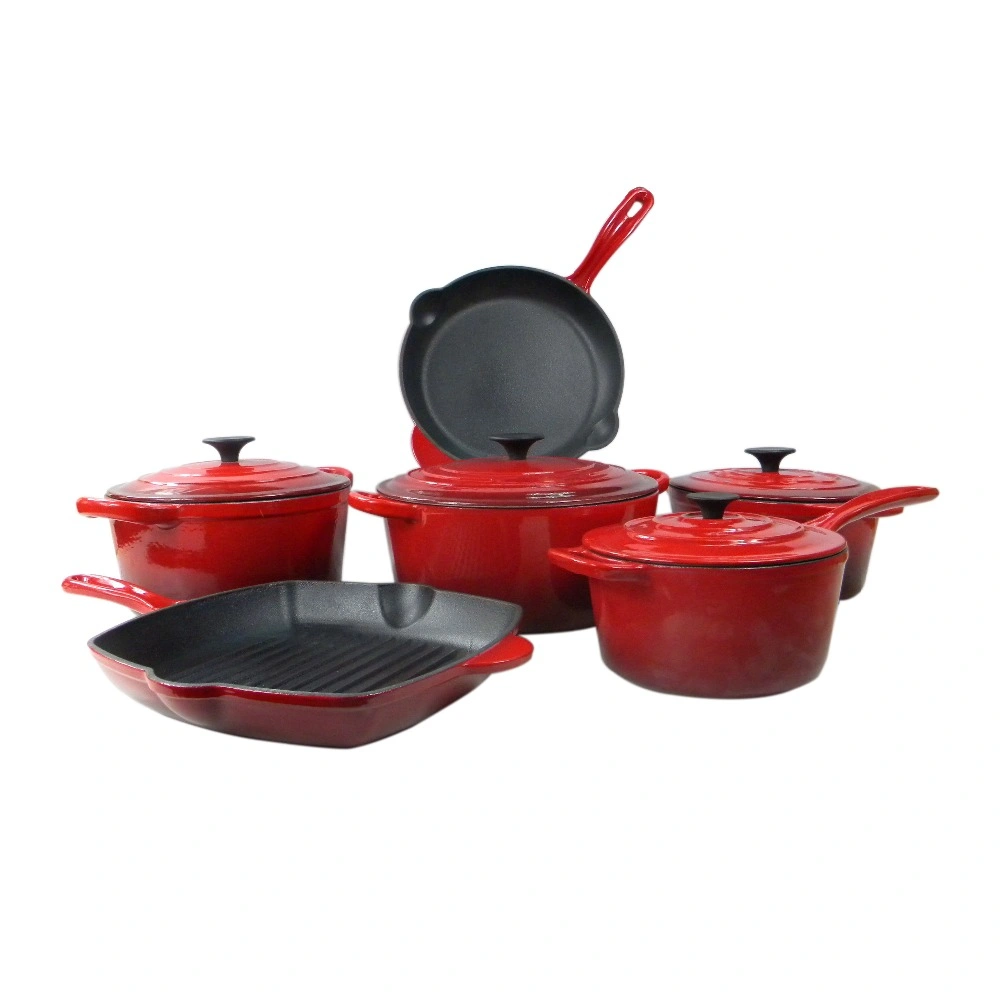 Enamel Cast Iron 10 Piece Cookware Set for Home Kitchen and Outdoor Camping BBQ