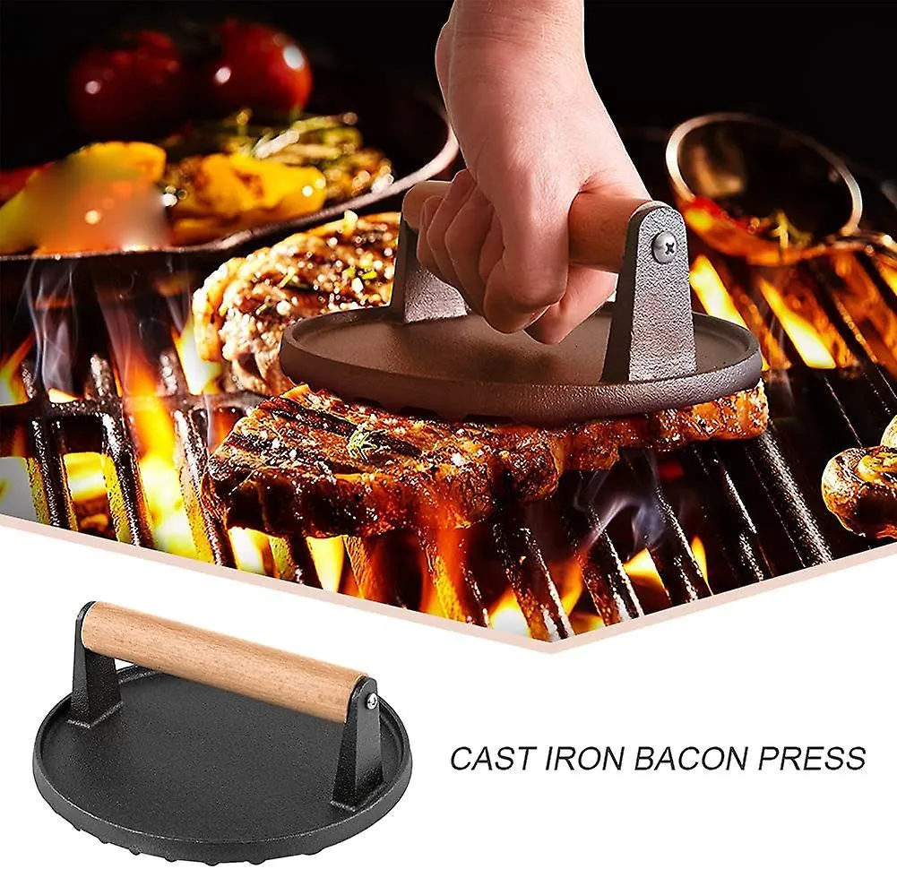 High Performance Cast Iron Steak Weight Wooden Handle Bacon Grill Hamburger Press Cooking Barbecue Tool