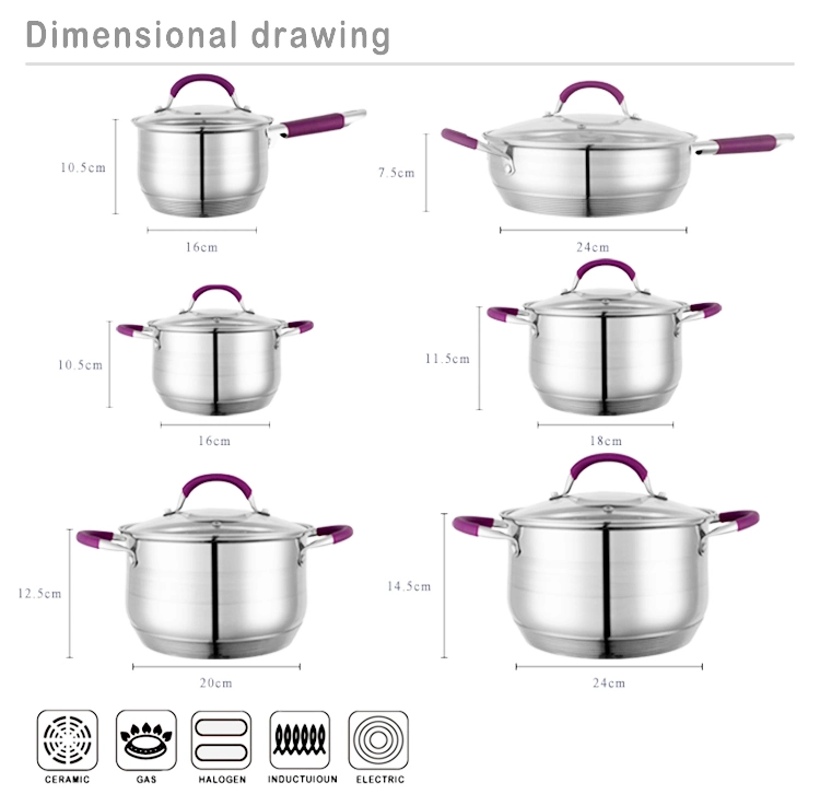 Purple Silicone Handles 6PCS Stainless Steel Casserole Set Home Appliance Cook Ware